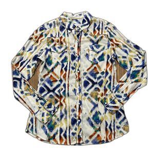 Tin Haul Shirt Womens Large Cowgirl Pearl Snap Cream Blue Red Western Rodeo
